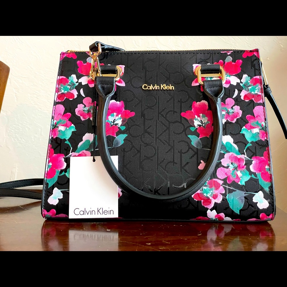 Calvin Klein Black Floral Satchel with Removable Crossbody Strap, NWT